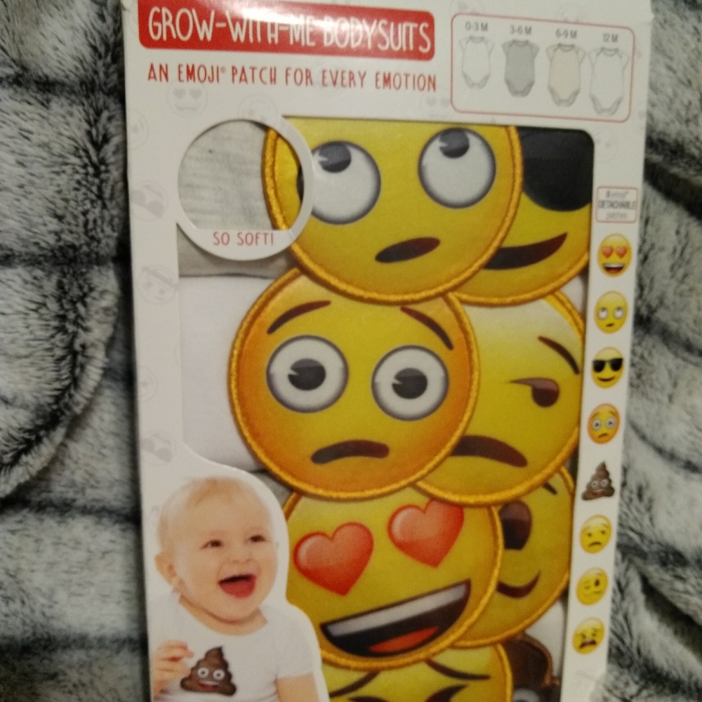 Emoji grow with me 4 pack bodysuits with 8 interchangeable patches. Onesies.